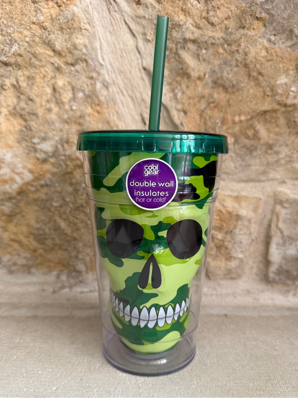 NEW Cool Gear Green Camo Skull Tumbler Insulated Travel Chiller Cup Straw 18 oz